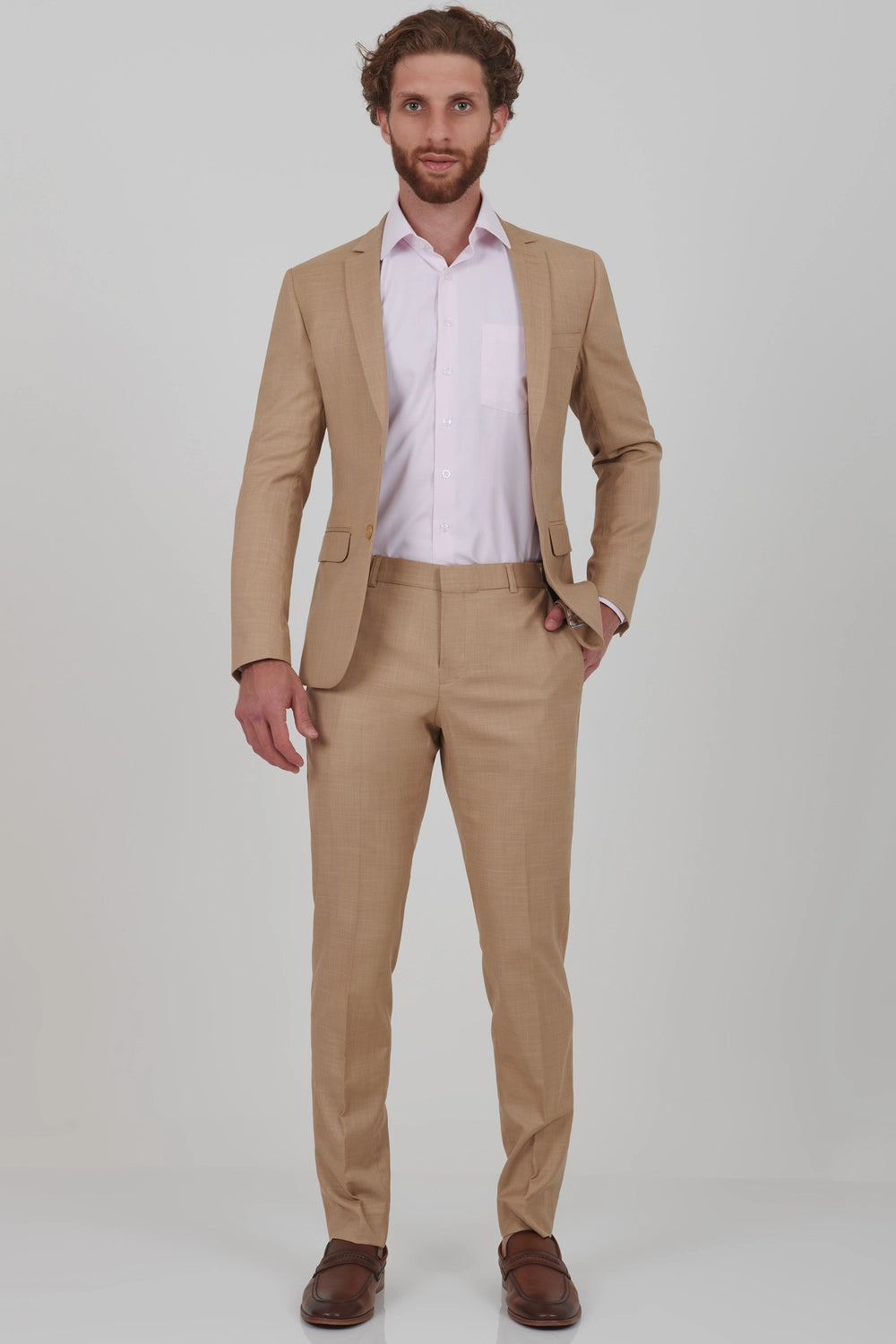 Men’s Super Slim Fit Cognac Suit with Pocket Square and Adjustable Trousers