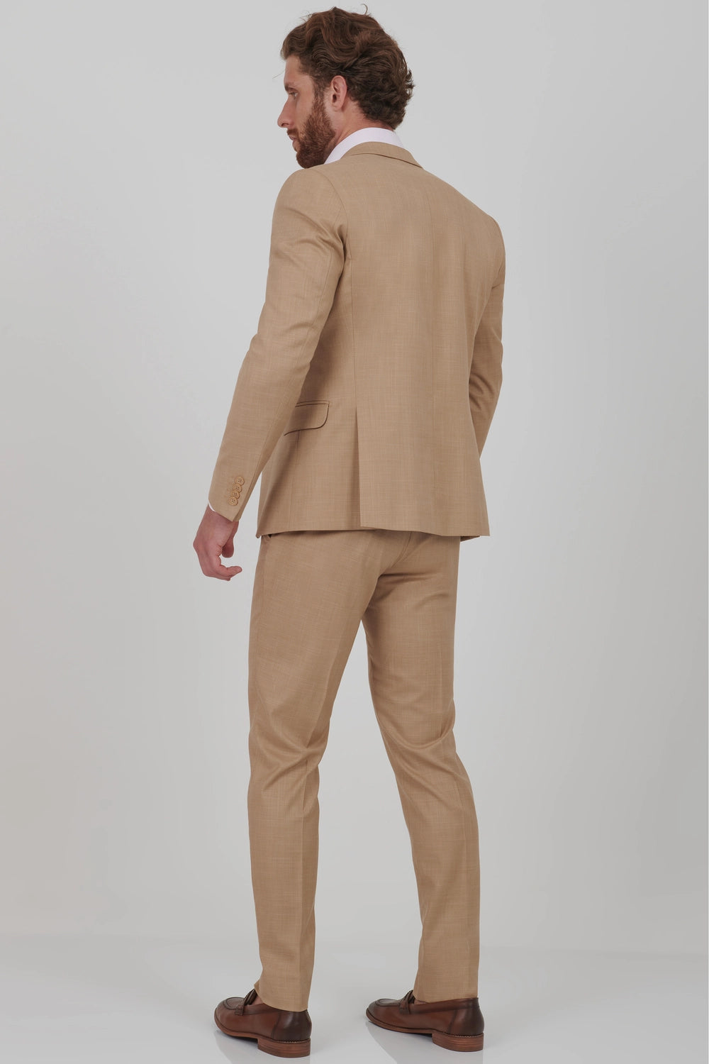 Men’s Super Slim Fit Cognac Suit with Pocket Square and Adjustable Trousers