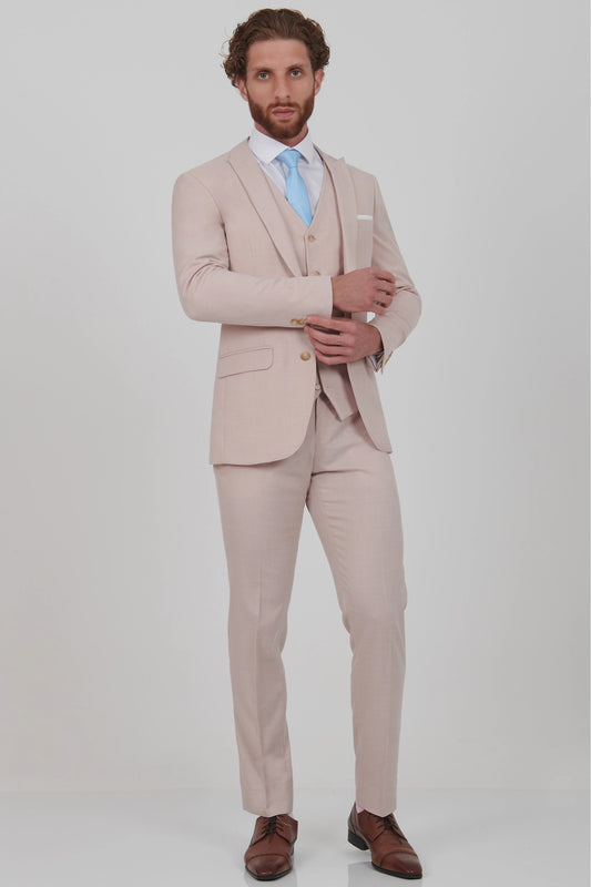 Men’s Slim Fit Pink Three-Piece Suit with Adjustable Trousers